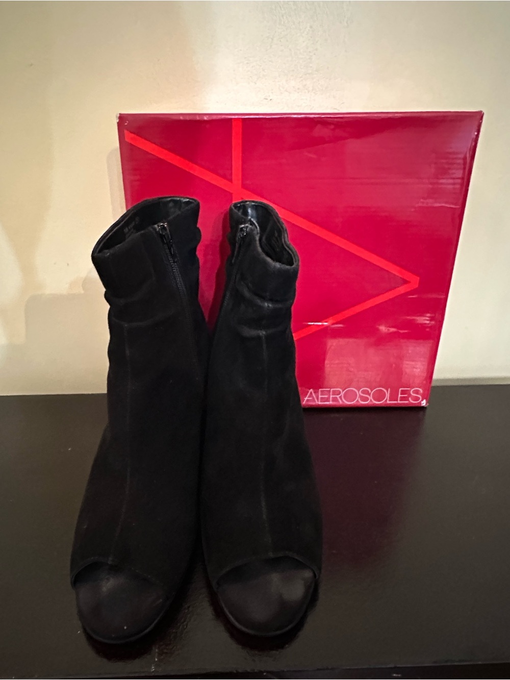 AEROSOLES Black Suede Peep-Toe Booties